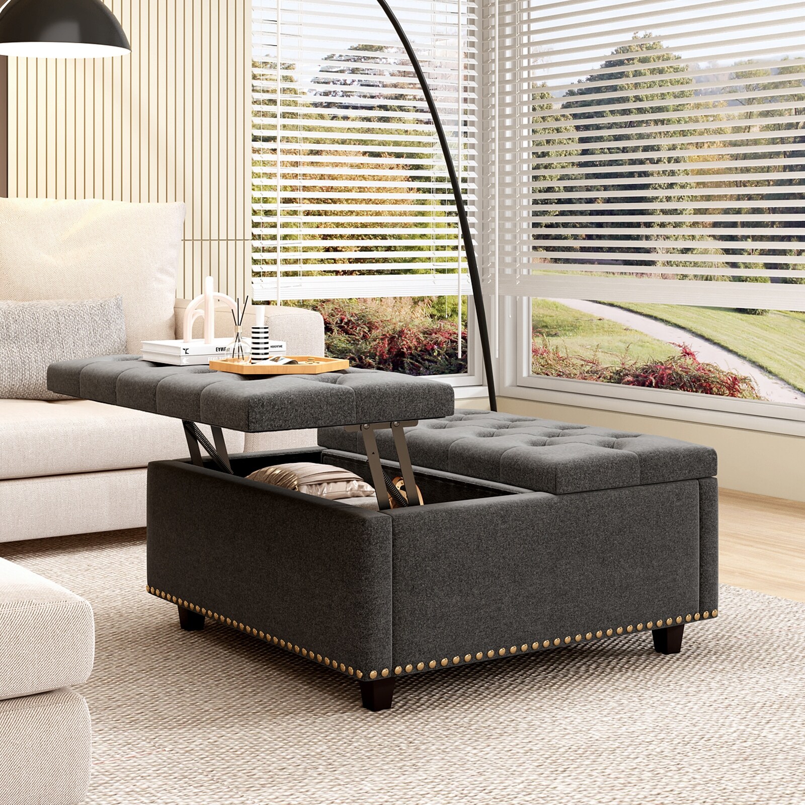 Oversized Square Storage Ottoman Bench with Nailhead Trim Faux Leather Upholstery and Hidden Storage Linen