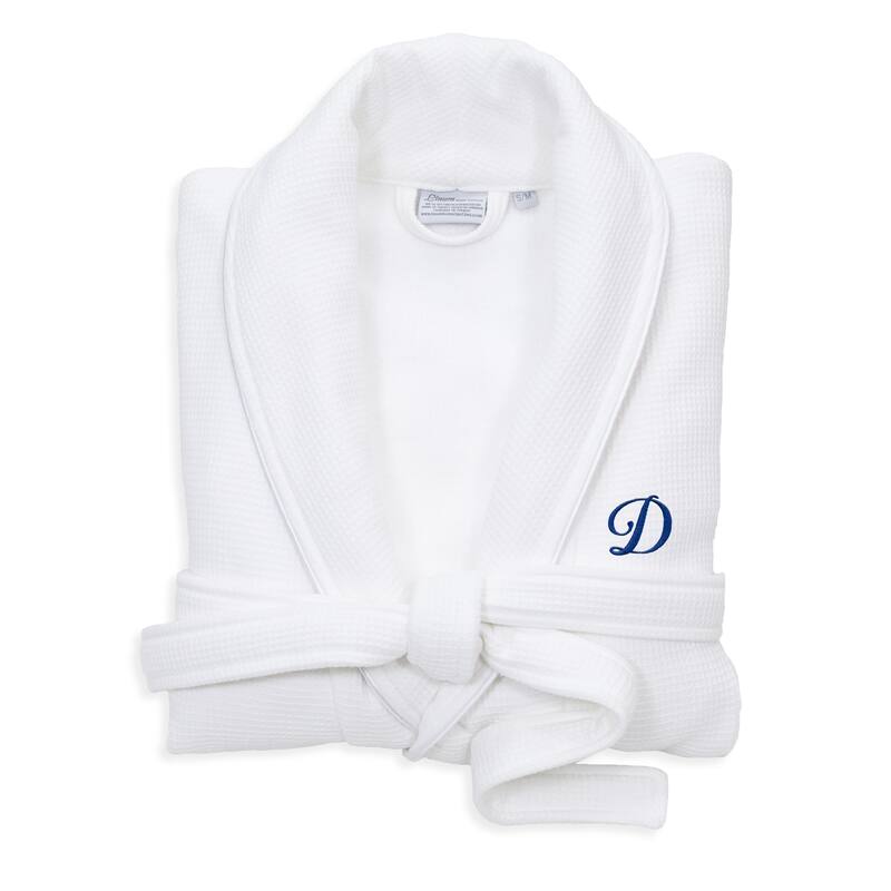 Authentic Hotel and Spa White Unisex Turkish Cotton Waffle Weave Terry Bath Robe with Navy Script Monogram - S/M - D
