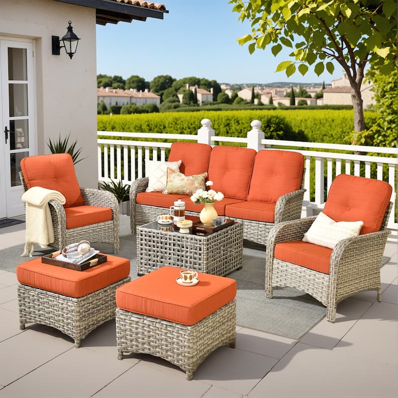 XIZZI 6-Piece Outdoor Wicker Patio Furniture Set with Coffee Table - Red/Orange