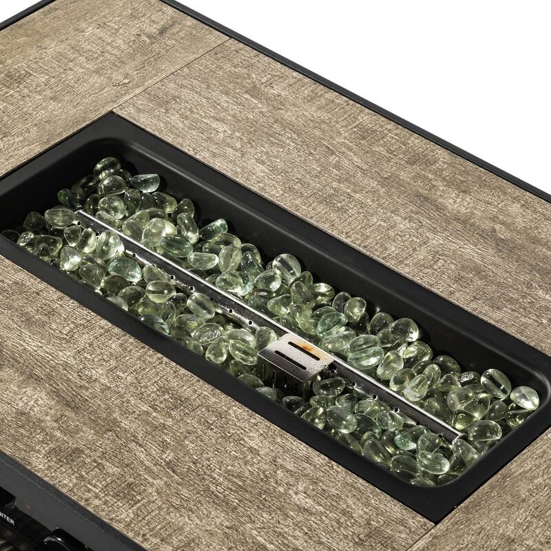 GDFStudio - Everly Beige Rattan Propane Fire Pit Table with Hidden Tank Storage and Ceramic Tile Tabletop