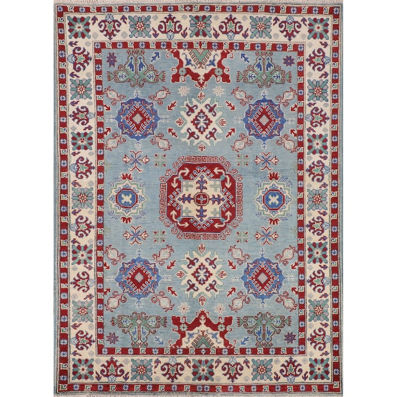 Light Blue Geometric Kazak Rug Handmade Wool Carpet - 4'11" x 6'6"