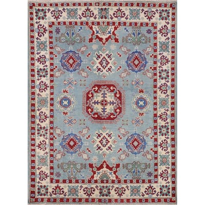 Light Blue Geometric Kazak Rug Handmade Wool Carpet - 4'11" x 6'6"