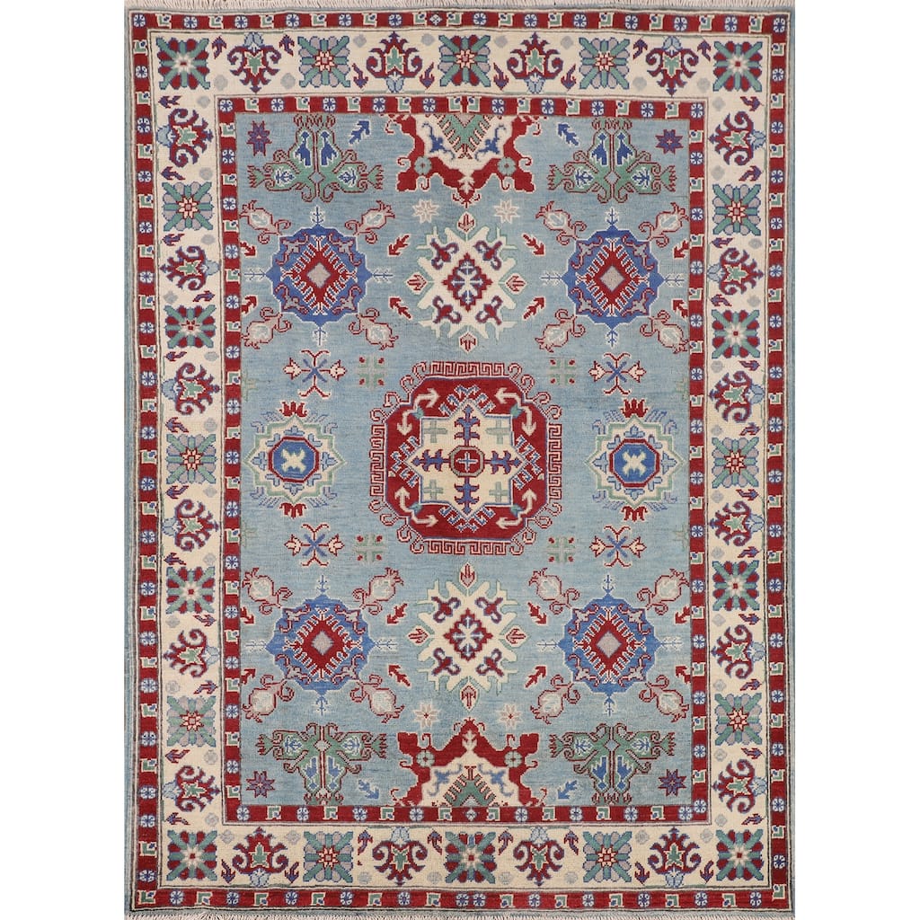 Light Blue Geometric Kazak Rug Handmade Wool Carpet - 4'11" x 6'6"