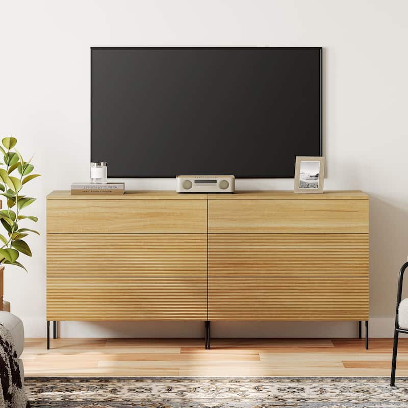31.5" Reeded Dresser TV Stand, Modern Minimalist Entertainment Center, Wooden TV Console  - 2PCS - Oak