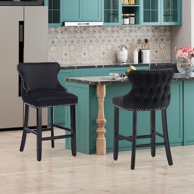 Contemporary Velvet Upholstered Wing-Back Barstools with Button Tufted Decoration Leisure Style Bar Chairs
