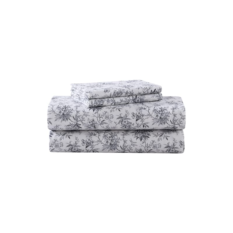 Laura Ashley Printed Cotton Flannel Sheet Set - Faye Toile Black - Queen