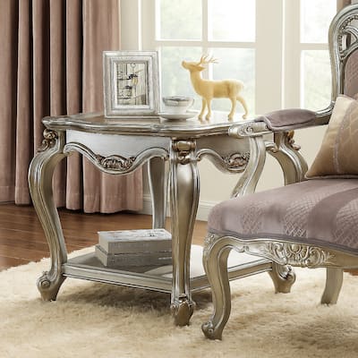 Square Shape Wooden End Table with Polyresin Carvings and Bottom Shelf, Silver
