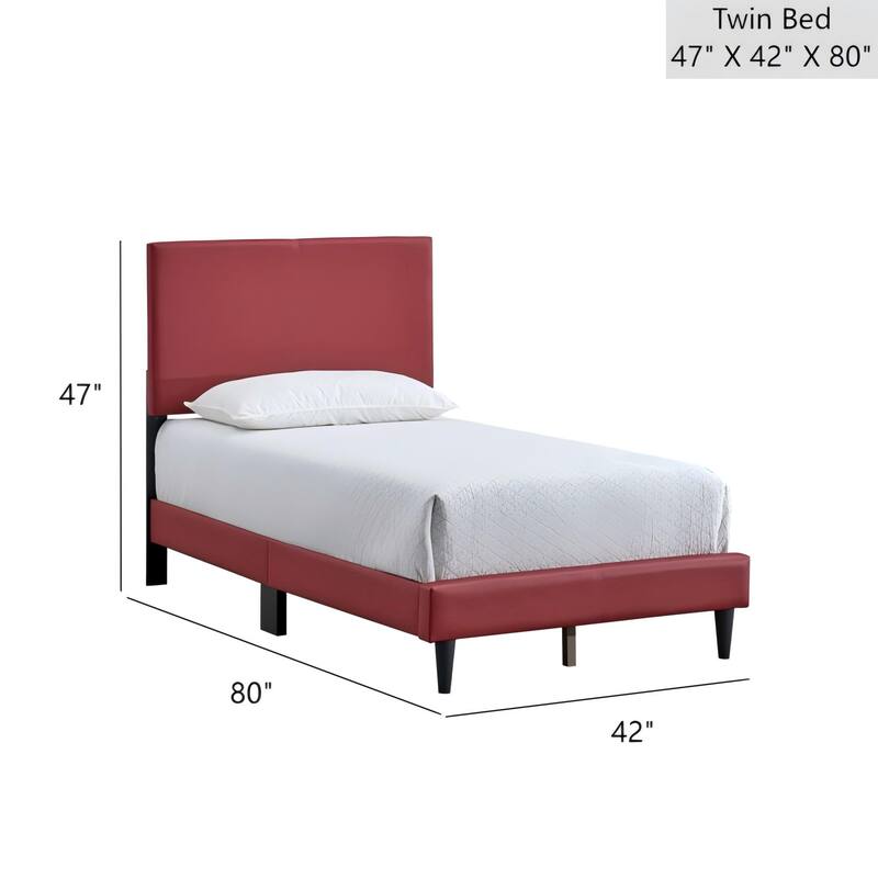 Modern Red Faux Leather Twin Bed Frame with Adjustable Headboard