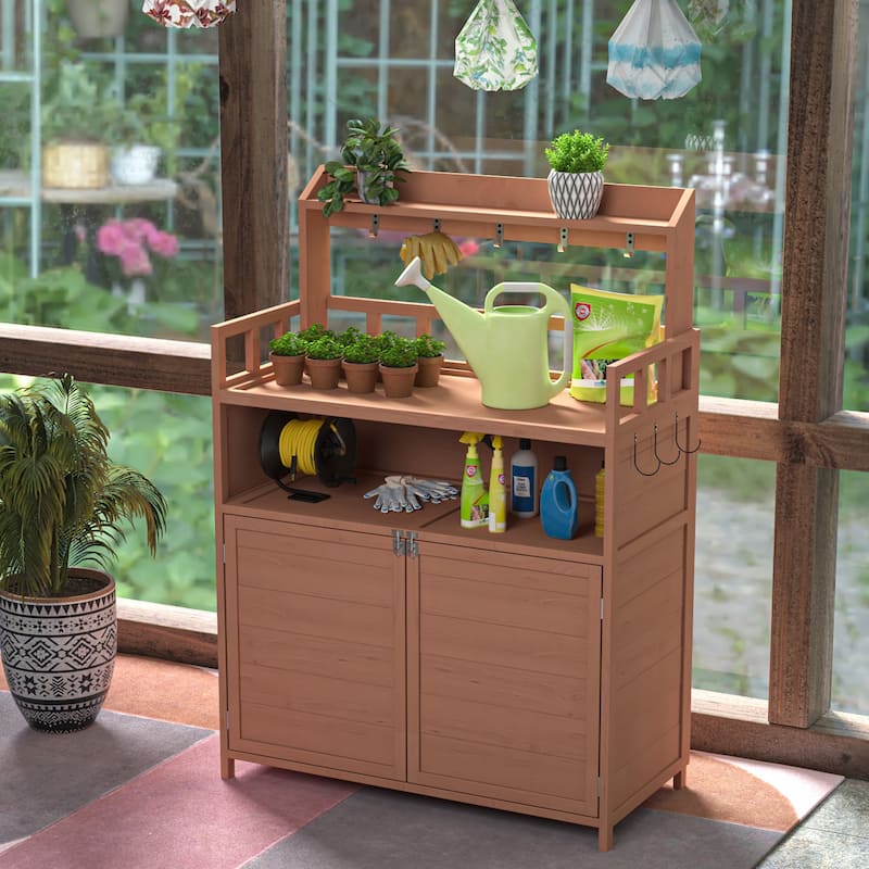 Versatile Potting Bench Outdoor Gardening Table, Wood Planting Workstation with Cabinet & Shelf - 55.12“H