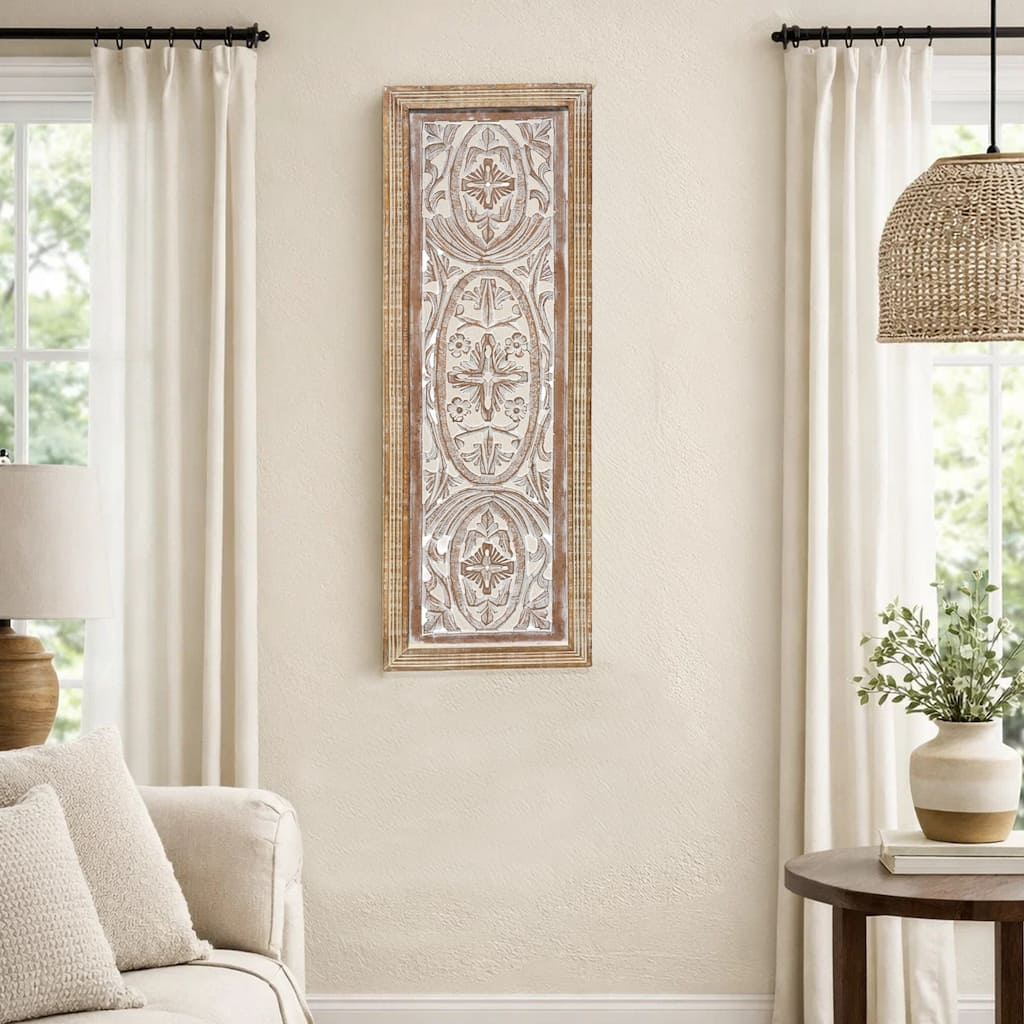 Rectangular Mango Wood Wall Panel Hand Crafted With Intricate Carving, White and Brown