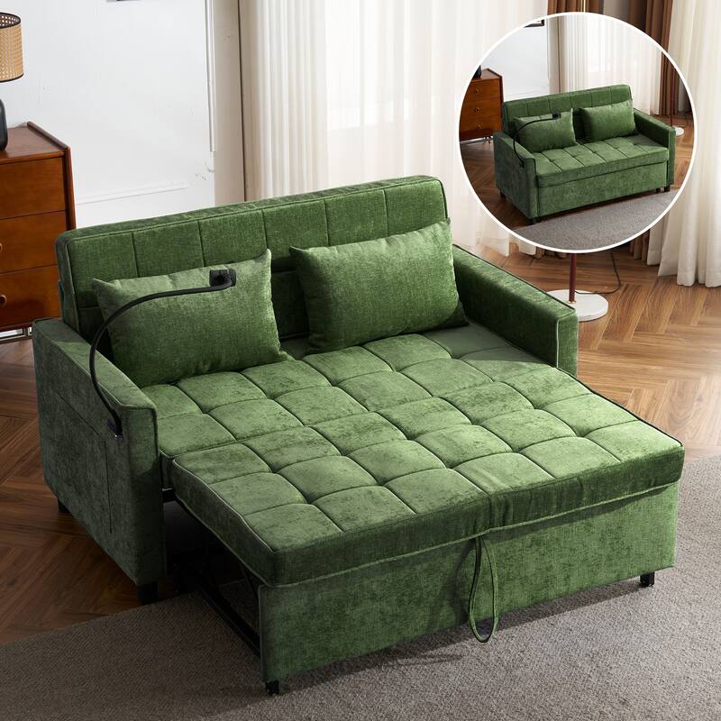 Loveseat Sofa Pull-out Sofa Bed with a Reversible Backrest Cushion, Side Pockets, Two USB Ports and a Phone Holder - Green