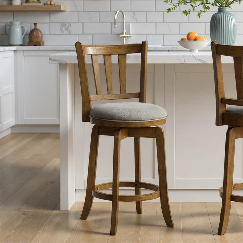 Wren Modern Farmhouse Swivel Wood Counter Height Kitchen Bar Stool in Sepia Brown Finish withUpholstered Seat