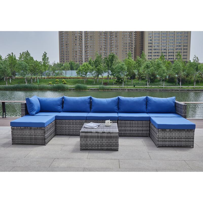 8 Pcs Patio Sectional Sofa Set, All-Weather Outdoor PE Rattan Wicker Conversation Furniture Set with Cushions and Tea Table
