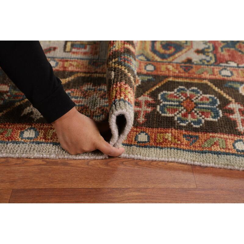 Geometric Heriz Serapi Indian Area Rug Hand-Knotted Grey Wool Carpet - 7'9"x 9'11"
