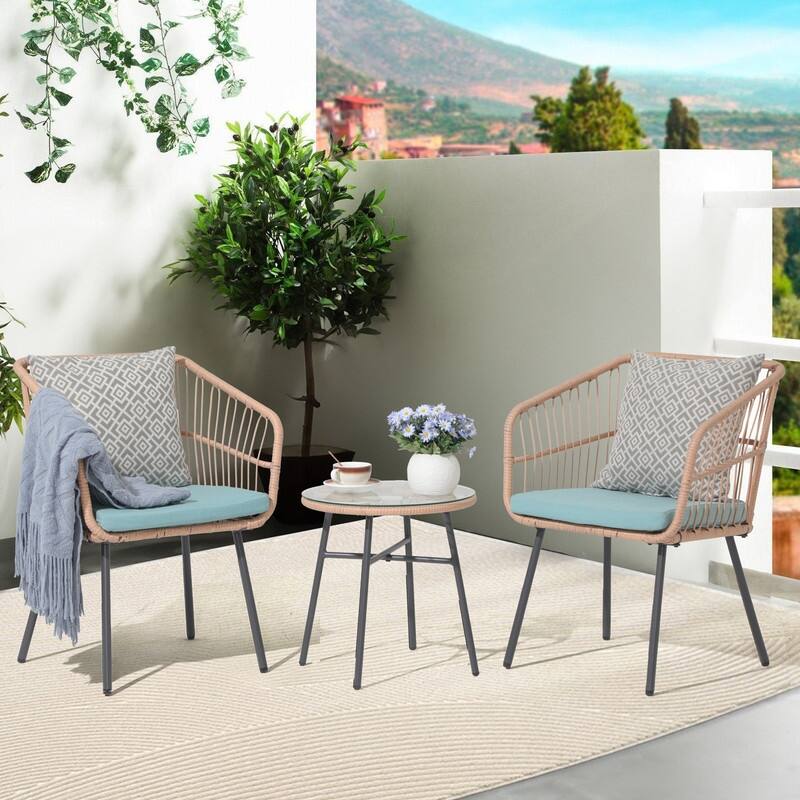 Green 3-Pc Patio Set,Wicker Chairs & Glass Table - Green