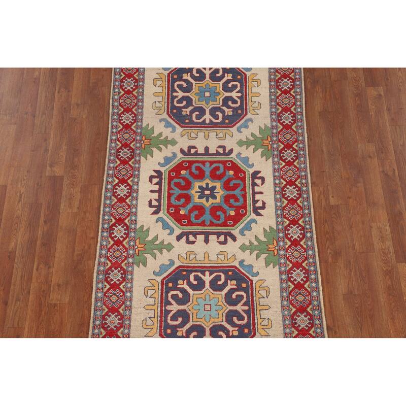 Beige Kazak Runner Rug Hand-Knotted Wool Carpet - 3'3" x 6'10"
