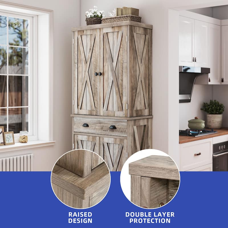 Moasis 72" H Wood Farmhouse Kitchen Pantry Cabinet with Adjustable Shelves & Drawer
