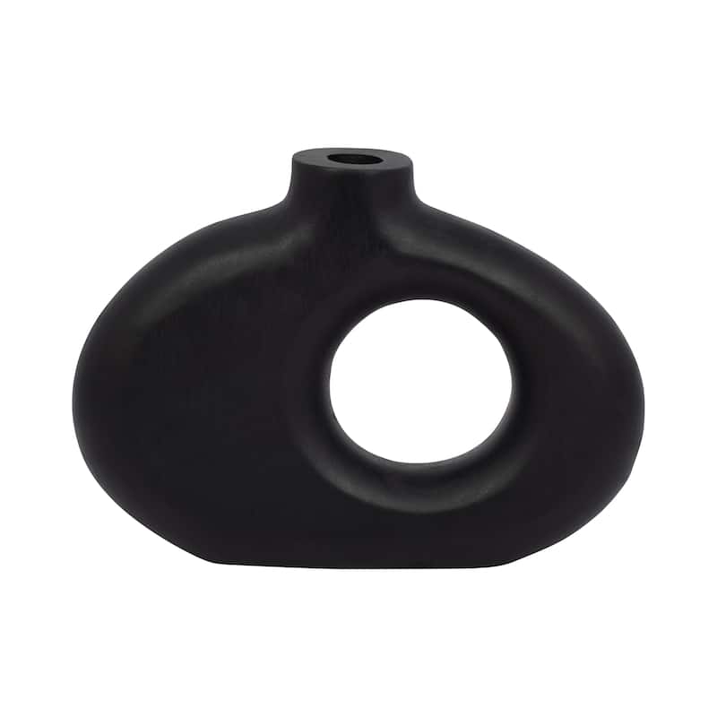 Mango Wood Modern Vase with Round Cutout Silhouette Minimalist Design - 10" x 2" x 7" - Black