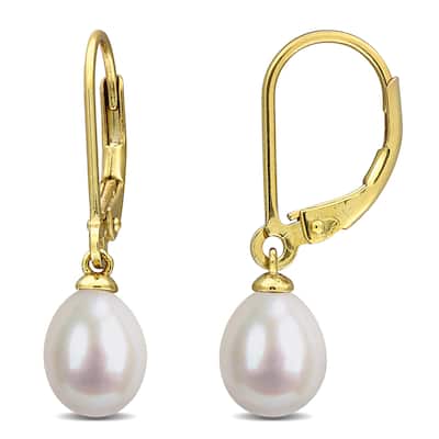 Miadora 6.5-7mm Cultured Freshwater Pearl Leverback Earrings Yellow Plated Sterling Silver