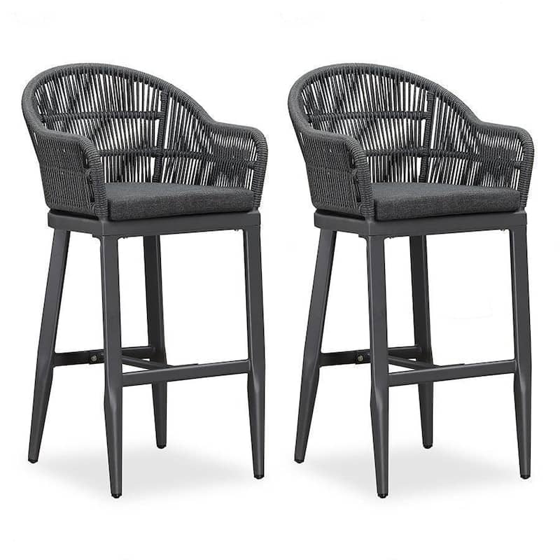 PURPLE LEAF Modern Rattan Bar Stools Set of 2 with Cushion and Back Counter Stools - Grey - Bar Height