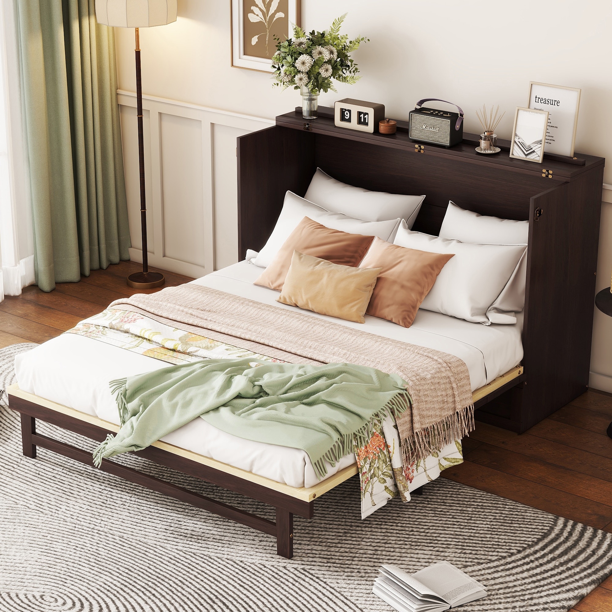 Queen Size Murphy Wood Cabinet Bed Folding Space Saving Bed with Drawer