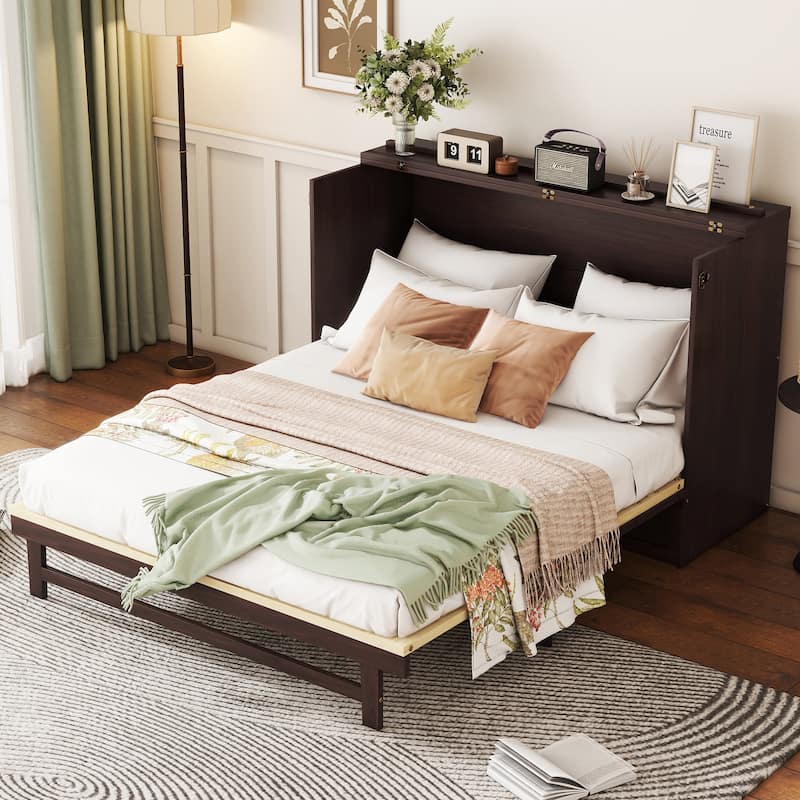 Queen Size Pine Wood Murphy Cabinet Bed with Rattan Decoration and Storage Drawer, Espresso