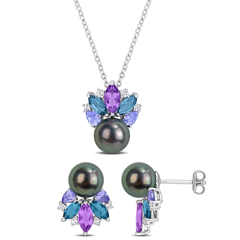 Miadora Sterling Silver Gemstone and Cultured Freshwater Pearl Necklace and Earrings Set - Blue