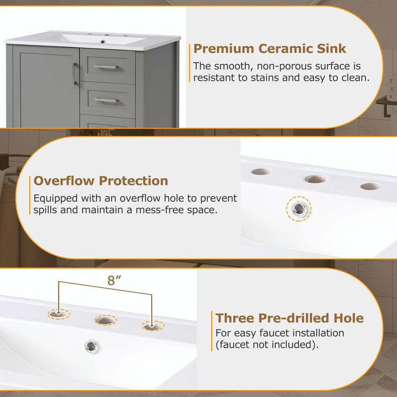 30" Bathroom Vanity with Sink Combo, Storage Cabinet with 3 Soft-Close Drawers and Removable Tray