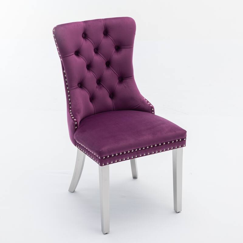 Tufted Solid Wood Velvet Upholstered Dining Chair with Chrome Steel Plating Legs Set of 2