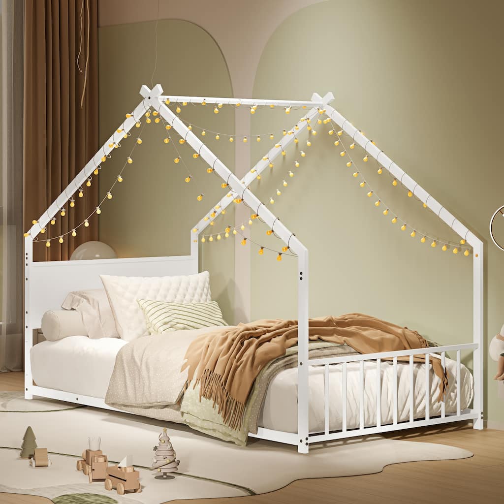 Twin Size House Bed with Roof and Colorful Lights, Metal Bed Frame with Slats and Legs, for Boy, Girls and Young Teens