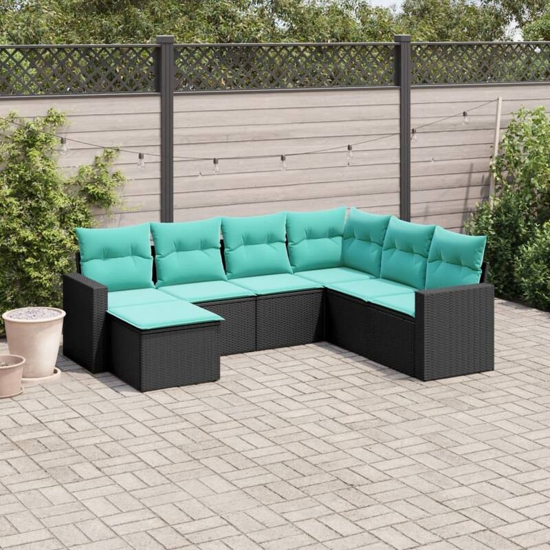 vidaXL 7/8 Piece Patio Sofa Set with Cushions Black Poly Rattan - 24.4" x 24.4" x 27.2" - Black and blue-Without table