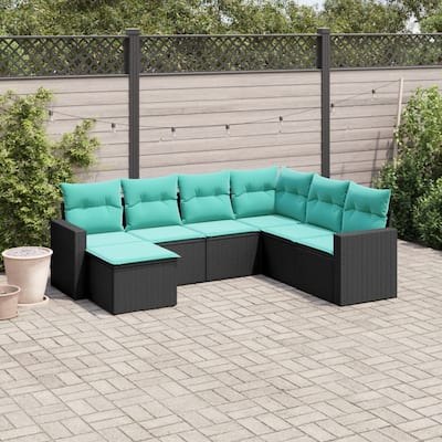 vidaXL 7/8 Piece Patio Sofa Set with Cushions Black Poly Rattan - 24.4" x 24.4" x 27.2"