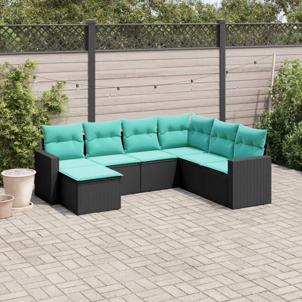 vidaXL 7/8 Piece Patio Sofa Set with Cushions Black Poly Rattan - 24.4" x 24.4" x 27.2"