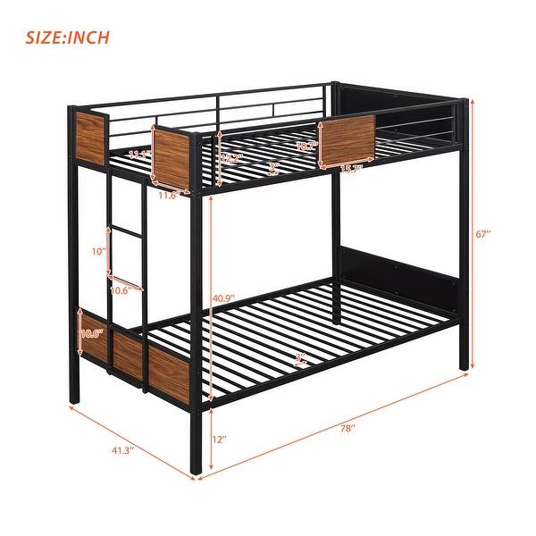 dimension image slide 1 of 3, Metal Bunk Bed, Modern Steel Frame Bunkbed with Safety Guard Rail & Built-in Ladder, for Bedroom, Dorm, Kids, Teens, Adults