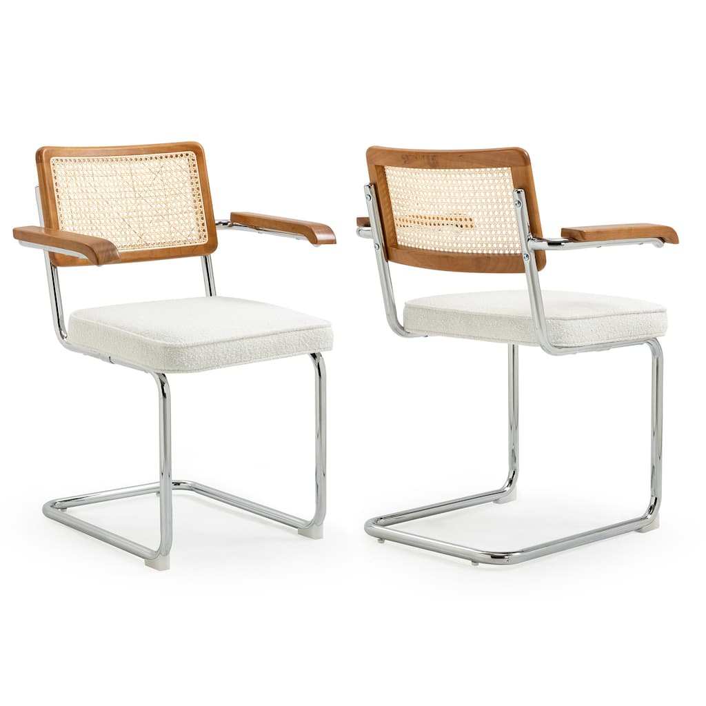 Set of 2 Azra White Boucle Dining Chair with Rattan Backrest and Chrome Legs