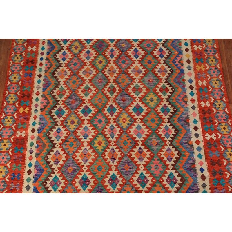 Reversible Kilim Oriental Area Rug Hand-Woven Orange Wool Carpet - 8'2" x 9'9"