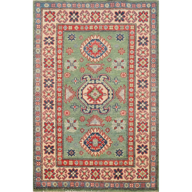 Light Green Kazak Foyer Rug Hand-Knotted Wool Carpet - 2'8"x 3'11"