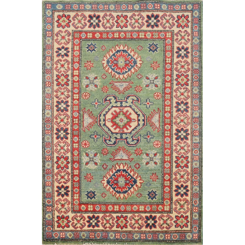 Light Green Kazak Foyer Rug Hand-Knotted Wool Carpet - 2'8"x 3'11"