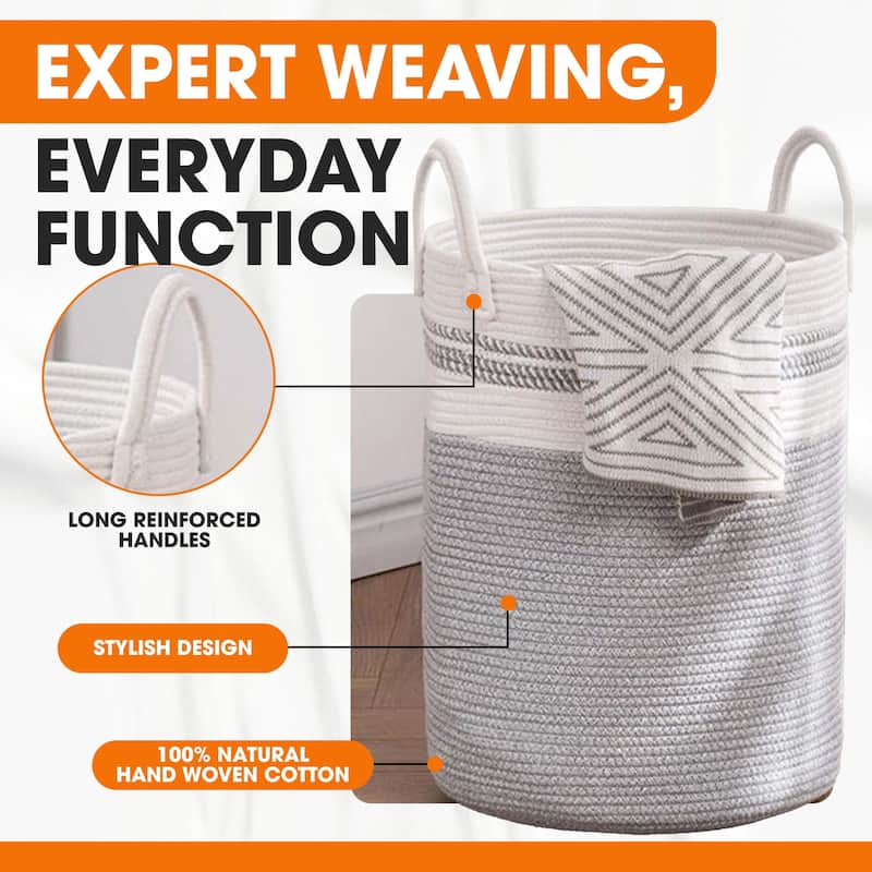 Cheer Collection Large Woven Cotton Laundry Hamper with Handles Stylish Storage Basket for Clothes Toys and Blankets