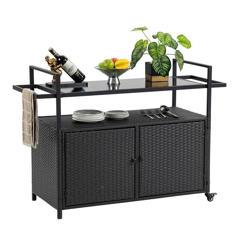 Outdoor Wicker Serving Cart Prep Station with Storage and Organization Space - Black