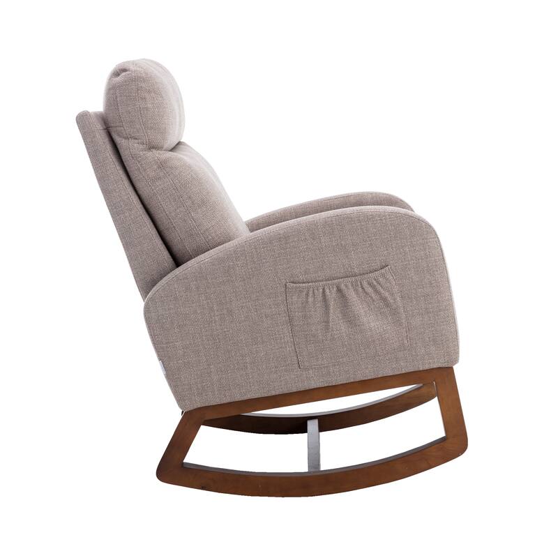 Linen High-Back Rocking Chair with Recliner Function, Side Pocket, and Solid Wood Legs