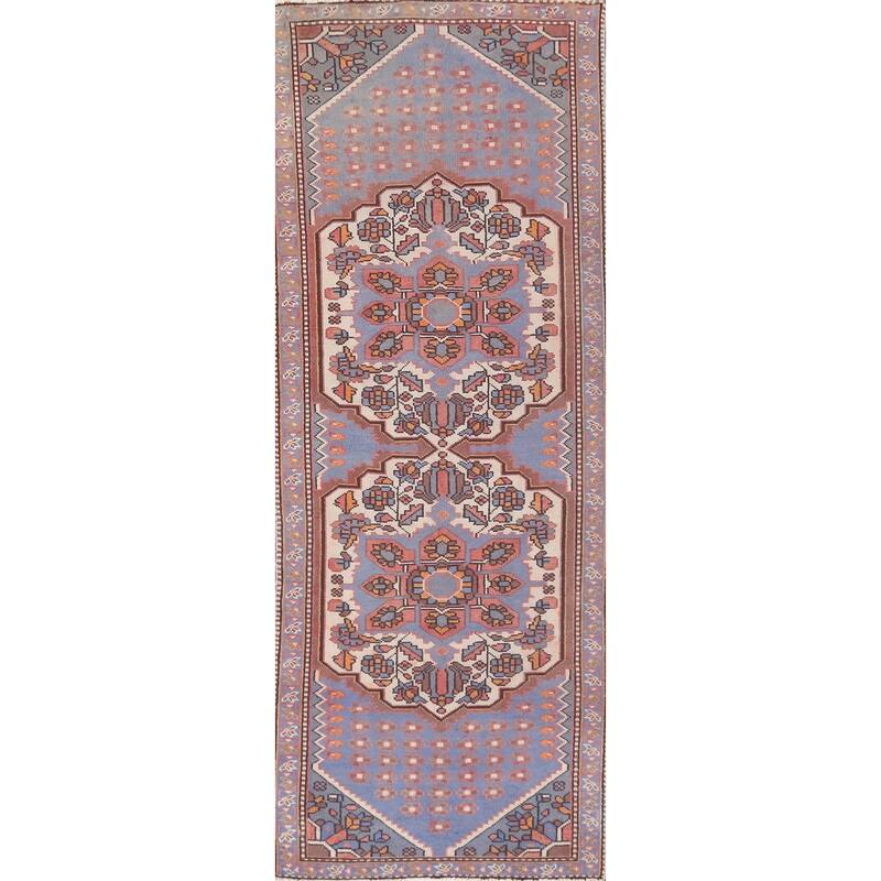 Hand Knotted Oriental 100% Wool Carpet Traditional Geometric Navy Blue & Blues Hamedan Runner Rug - 9' 10'' X 3' 2''