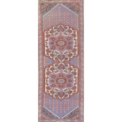 Hand Knotted Oriental 100% Wool Carpet Traditional Geometric Navy Blue & Blues Hamedan Runner Rug - 9' 10'' X 3' 2''
