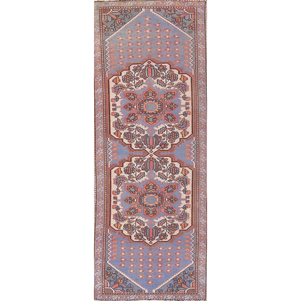 Hand Knotted Oriental 100% Wool Carpet Traditional Geometric Navy Blue & Blues Hamedan Runner Rug - 9' 10'' X 3' 2''