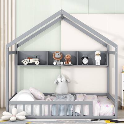 Wooden House Bed with Storage Shelf，Fence and Roof