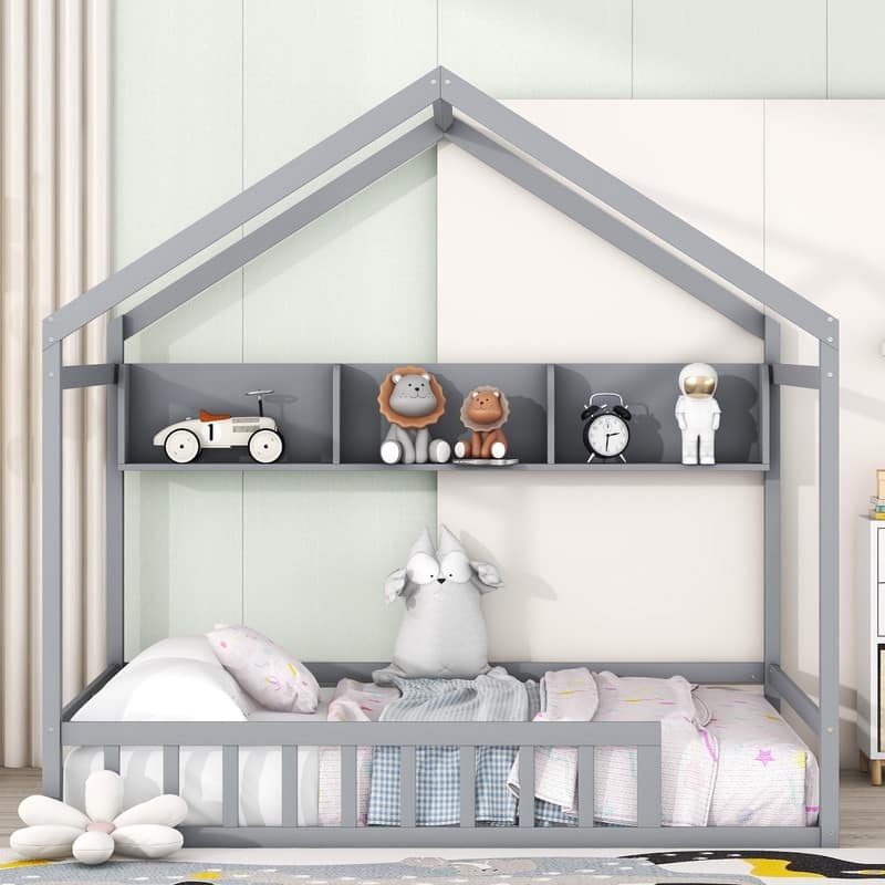 Wooden House Bed with Storage Shelf，Fence and Roof