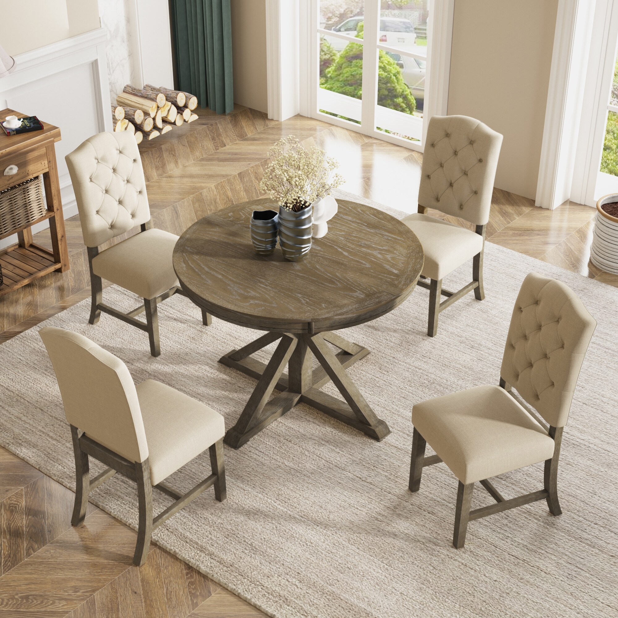 Retro Style Dining Table Set with Extendable Table and 4