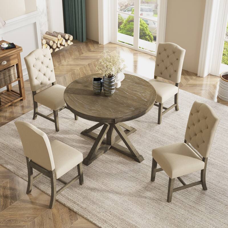 X-Cross Leg Round Dining Table Set Wooden Extendable End Table with 4 Upholstered Chairs for Dining Room & Living Room Bistro