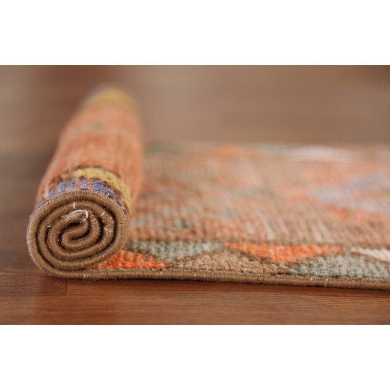 Hand Knotted Oriental 100% Wool Carpet Transitional Geometric Oranges & Rust Anatolian Area Rug - 2' 10'' X 1' 7''