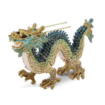 Curata Pewter Bejeweled Crystals Gold-Tone Enameled Chi Chinese Dragon Trinket Box on 18 Inch Necklace